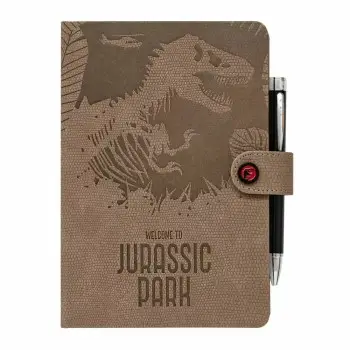 PREMIUM ΤΕΤΡΑΔΙΟ ΔΕΡΜΑΤΙΝΗ ΜΕ ΣΤΥΛΟ ΦΩΤΑΚΙ A5 JURASSIC PARK 14,5x20
