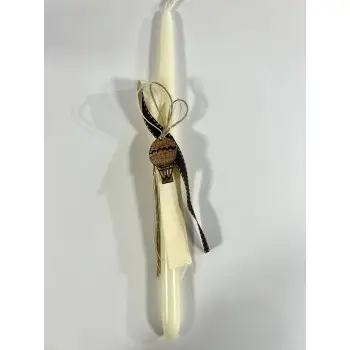 Λαμπάδα Πασχαλινή εκρού με αλεξίπτωτο ξύλινο καφέ