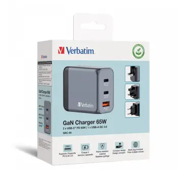 Verbatim GNC-65 GaN Charger 3 Port 65W USB AC (EU UK US)