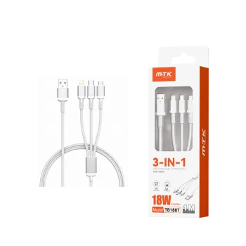 MTK ΚΑΛΩΔΙΟ USB 3 ΣΕ 1 (MICRO USB-IPHONE-TYPE C) 3.4A/18W 1m ΛΕΥΚΟ