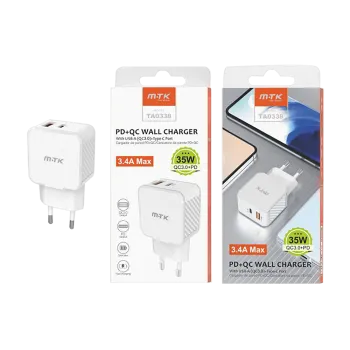 MTK ΦΟΡΤΙΣΤΗΣ ΧΩΡΙΣ ΚΑΛΩΔΙΟ 3.4 Α/ 35W 1 USB TYPE A & 1 TYPE C ΛΕΥΚΟΣ