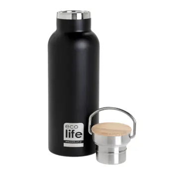 BLACK THERMOS 500ML BAMBOO LID