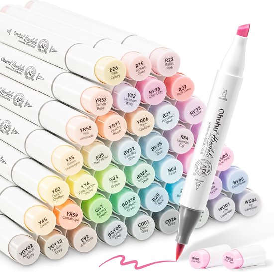 Μαρκαδόροι Ohuhu Honolulu 48 χρωμάτων παστέλ με πινέλο και καλέμι Sweetness - γκρι/μπλε θήκη