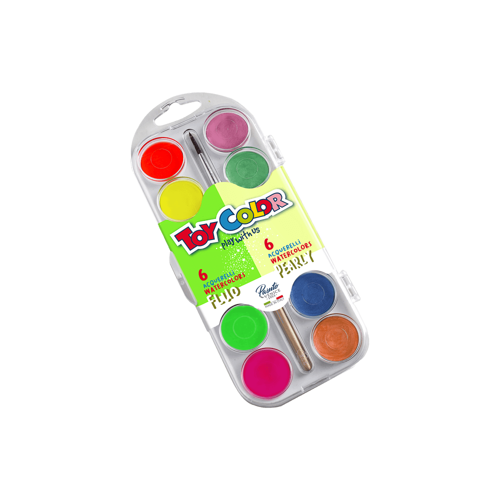 TOY COLOR ΝΕΡΟΧΡΩΜΑΤΑ ΜΕ ΠΙΝΕΛΟ ΠΛΑΣΤΙΚΟ BLISTER 12 ΧΡΩΜΑΤΑ Φ30mm PRIMARY PEARLY/FLUO (Το προιόν πωλείται σε μεμονωμένα τεμάχια