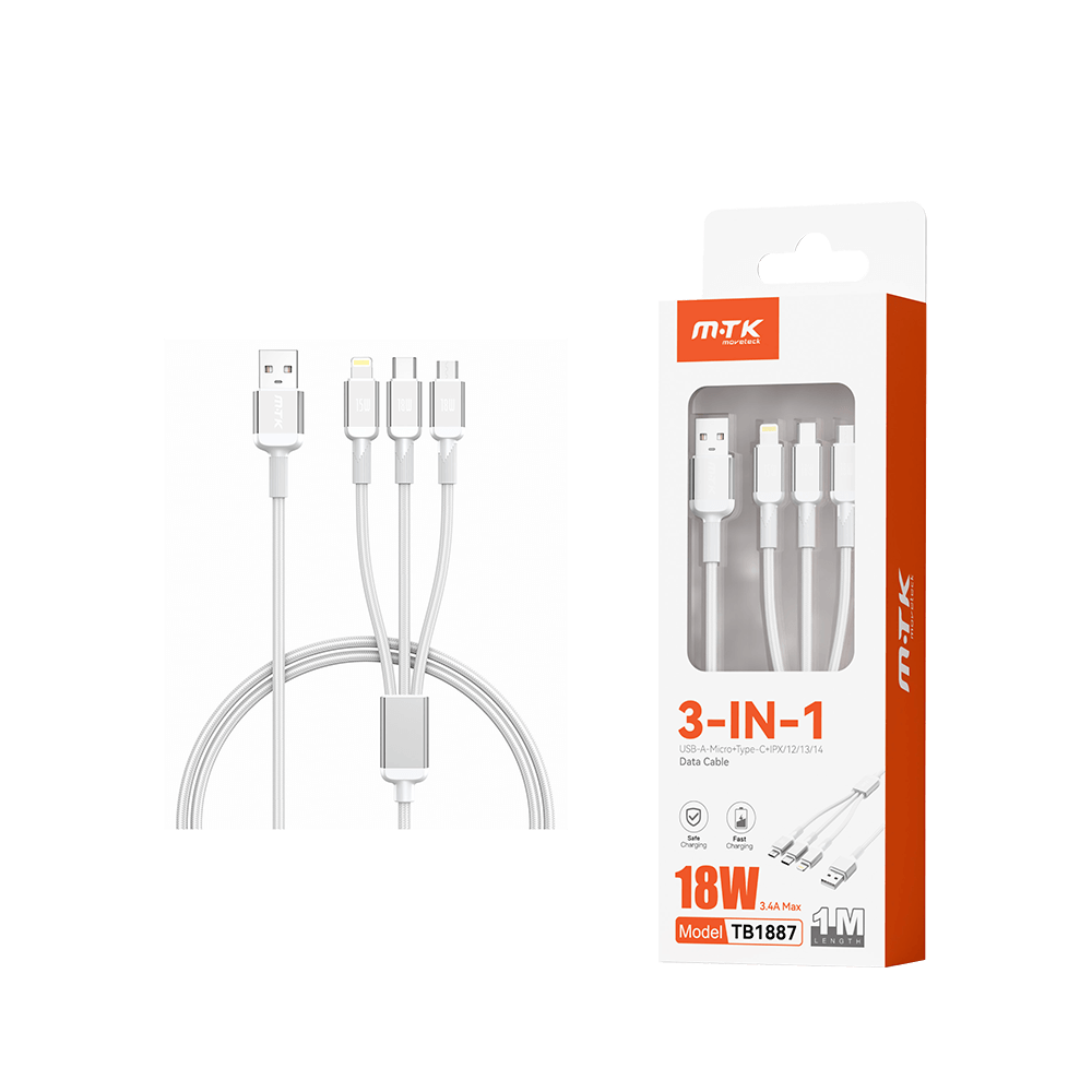 MTK ΚΑΛΩΔΙΟ USB 3 ΣΕ 1 (MICRO USB-IPHONE-TYPE C) 3.4A/18W 1m ΛΕΥΚΟ