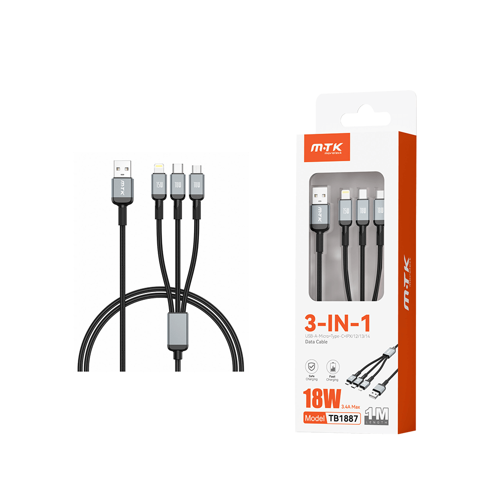 MTK ΚΑΛΩΔΙΟ USB 3 ΣΕ 1 (MICRO USB-IPHONE-TYPE C) 3.4A/18W 1m ΜΑΥΡΟ MTK ΚΑΛΩΔΙΟ USB 3 ΣΕ 1 (MICRO USB-IPHONE-TYPE C) 3.4A/18W 1m ΜΑΥΡΟ