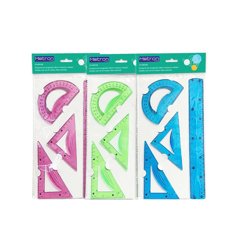 METRON KIDS ΓΕΩΜΕΤΡΙΑΣ ΣΕΤ 4 ΤΕΜΑΧΙΑ ΕΥΚΑΜΠΤΟ BLISTER 30cm ΑΣΣΟΡΤΙ