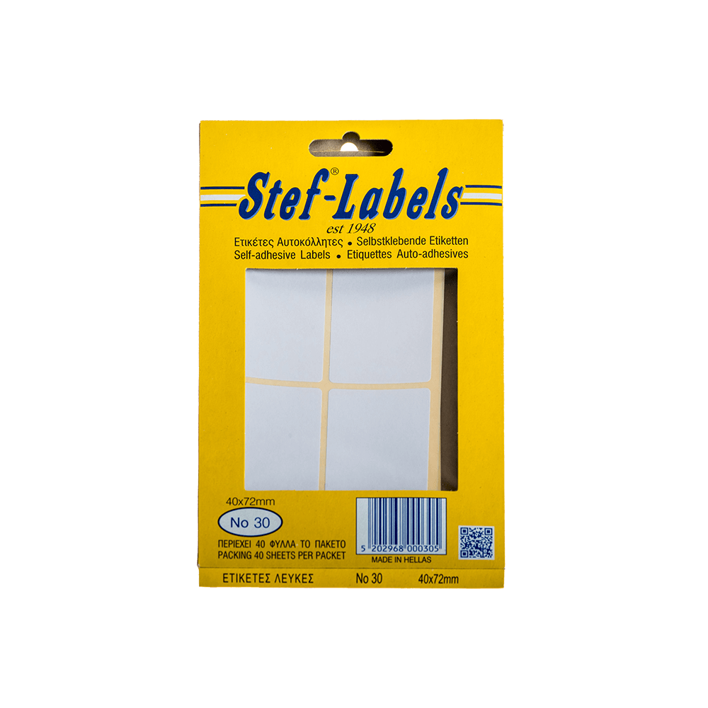STEF ΕΤΙΚΕΤΕΣ ΑΥΤΟΚΟΛΛΗΤΕΣ 40x72mm 4/ΦΥΛΛΟ ΛΕΥΚΕΣ 40 ΦΥΛΛΑ STEF ΕΤΙΚΕΤΕΣ ΑΥΤΟΚΟΛΛΗΤΕΣ 40x72mm 4/ΦΥΛΛΟ ΛΕΥΚΕΣ 40 ΦΥΛΛΑ