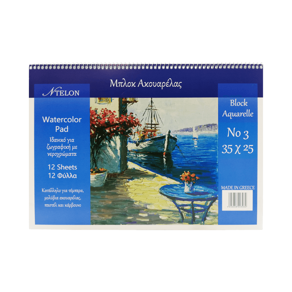 NTELON ΜΠΛΟΚ ΑΚΟΥΑΡΕΛΑΣ ΣΠΙΡΑΛ ΠΛΑΓΙΟ 12 ΦΥΛΛΑ Νο3 25x35cm 220gsm  (Το προιόν πωλείται σε μεμονωμένα τεμάχια του ενός)