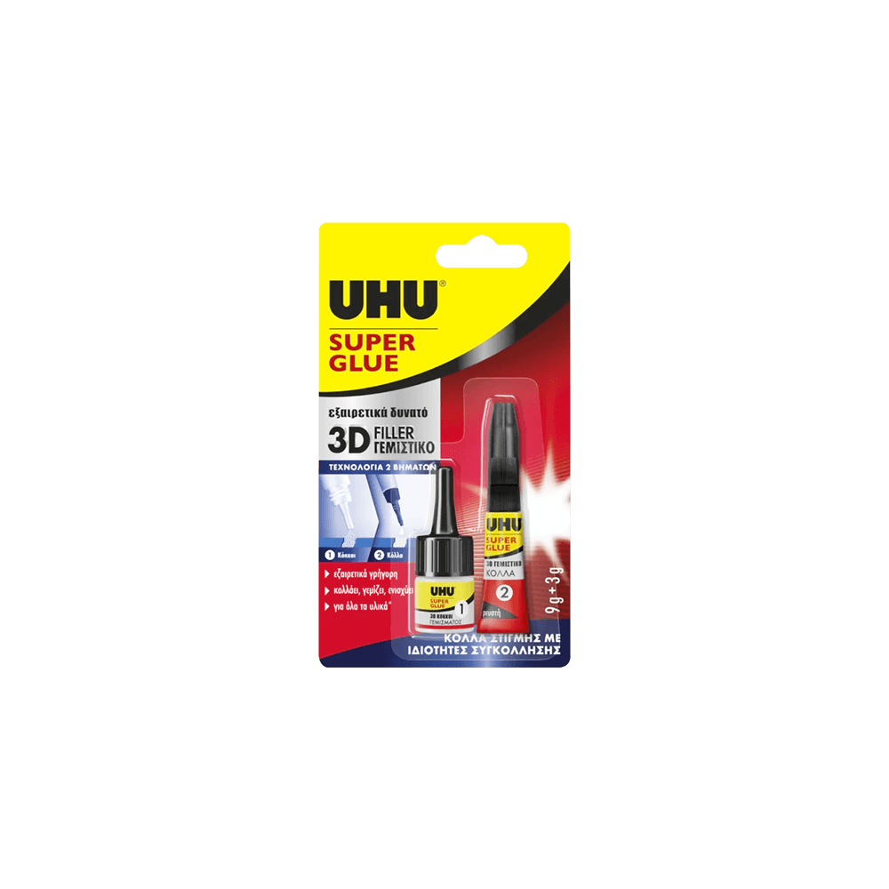 UHU ΚΟΛΛΑ ΣΤΙΓΜΗΣ ΡΕΥΣΤΗ SUPER GLUE 3D ΓΕΜΙΣΤΙΚΟ BLISTER FILLER 3g+9g