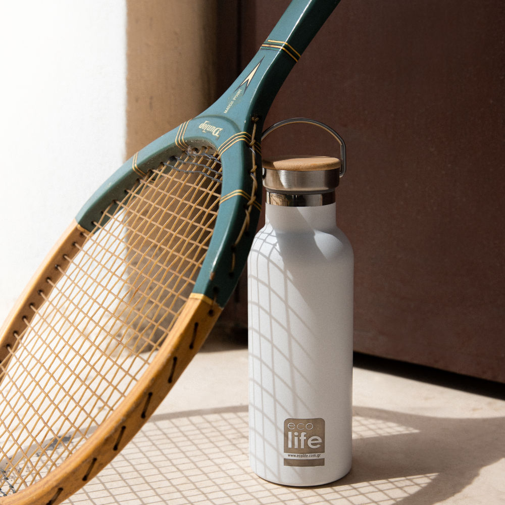 WHITE THERMOS 500ML BAMBOO LID