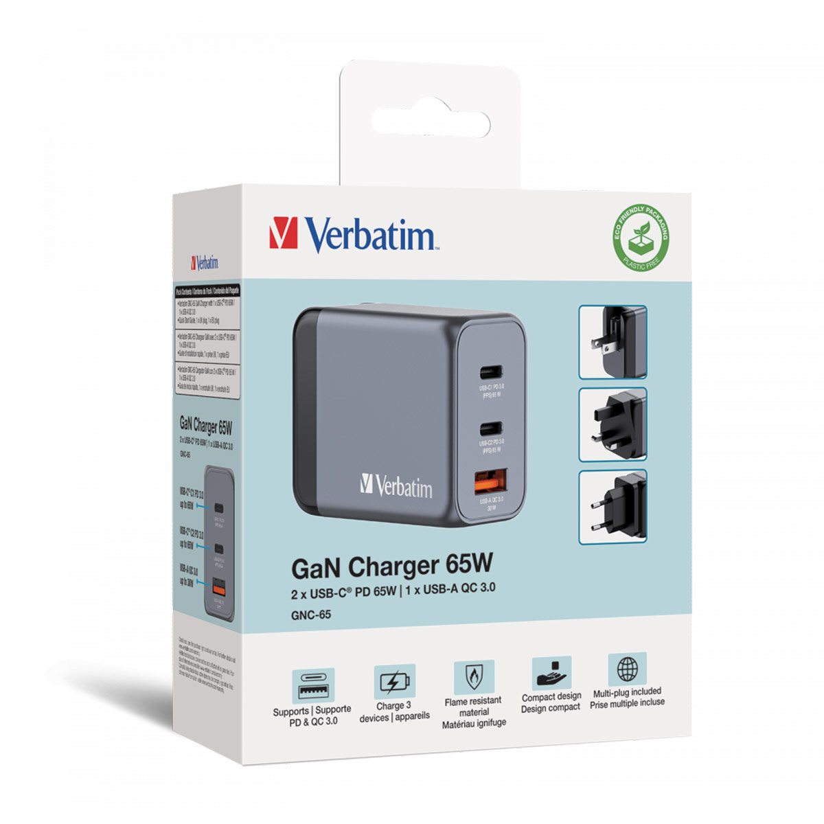 Verbatim GNC-65 GaN Charger 3 Port 65W USB AC (EU UK US)