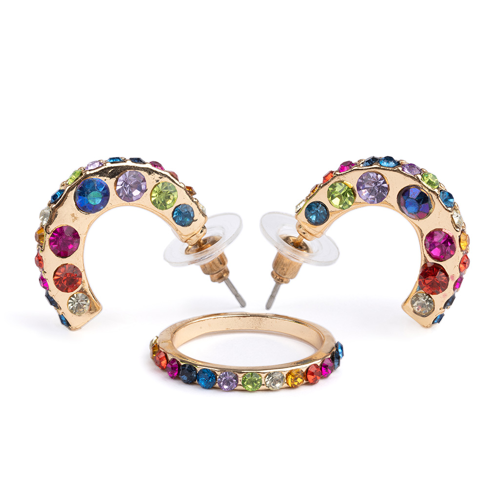 Great Pretenders Boutique Σετ σκουλαρίκια και δαχτυλίδι με πολύχρωμα πετράδι